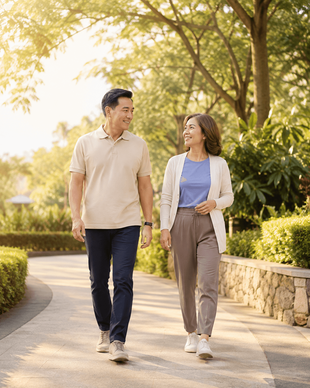 Couple in their fifties walking together outdoors