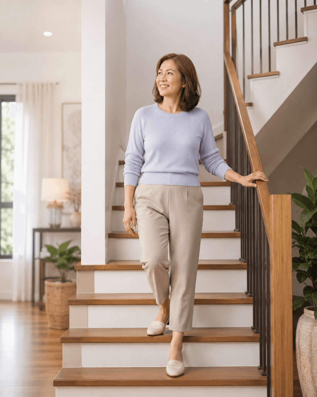 Woman walking down the stairs at home